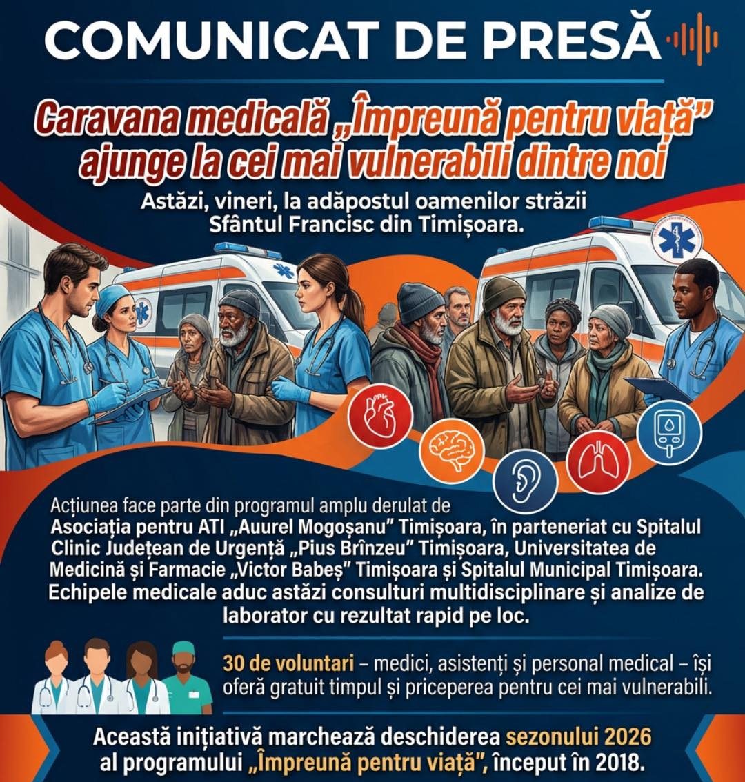Timișoara: Consultații medicale gratuite pentru persoane vulnerabile, oferite în cadrul caravanei „Împreună pentru viață”