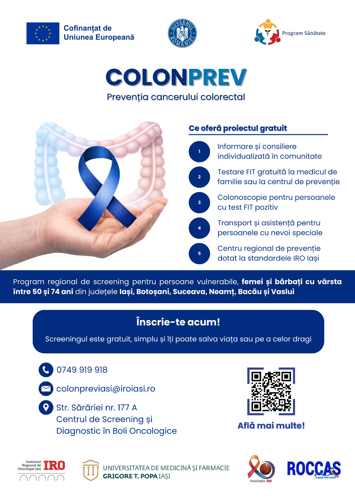 Screening gratuit pentru cancer colorectal în județul Iași, derulat în cadrul proiectului COLONPREV