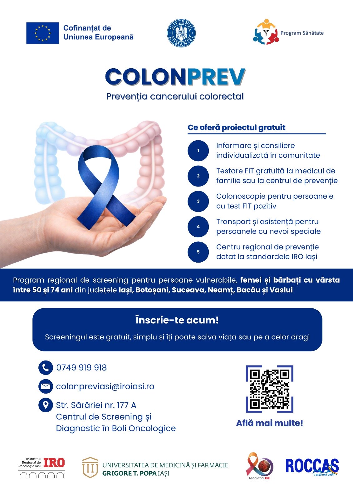 Screening gratuit pentru cancer colorectal în județul Iași, derulat în cadrul proiectului COLONPREV