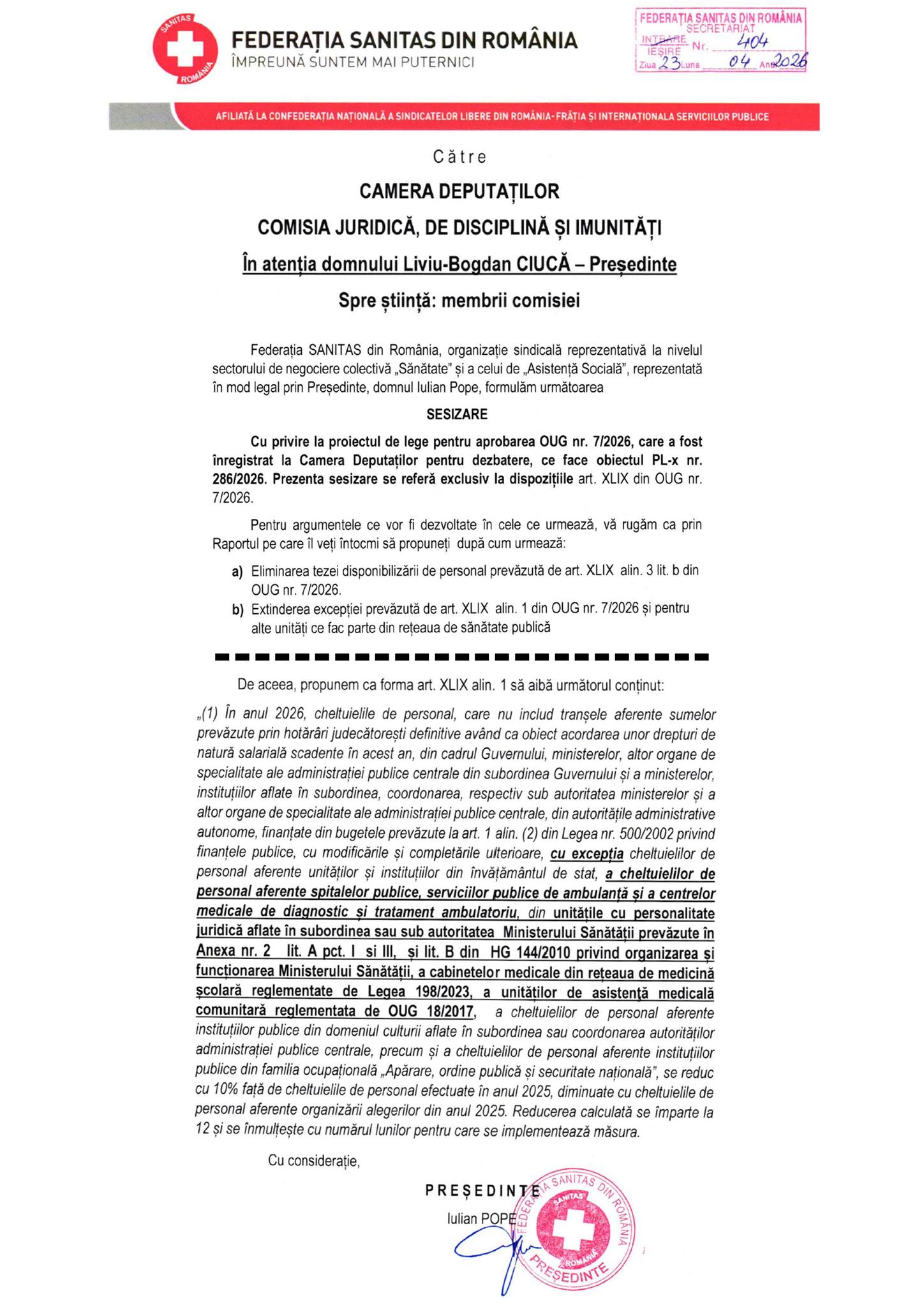 Federația SANITAS avertizează că OUG 7/2026 ar putea bloca sistemul de sănătate și cere modificarea de urgență a prevederilor privind personalul medical