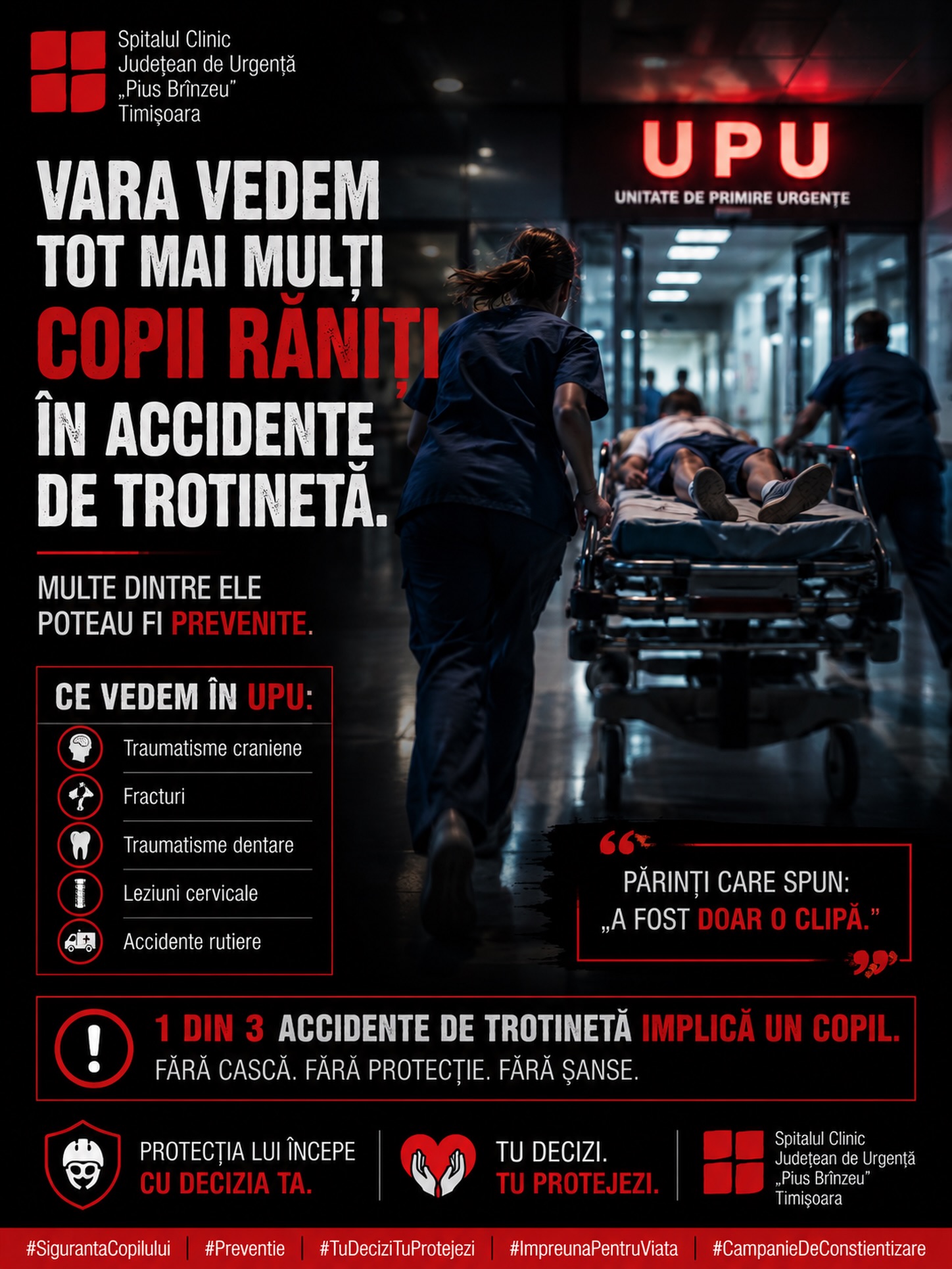 Timișoara: Tot mai mulți copii ajung la UPU după accidente cu trotinete electrice, avertizează medicii de la SCJU „Pius Brînzeu”