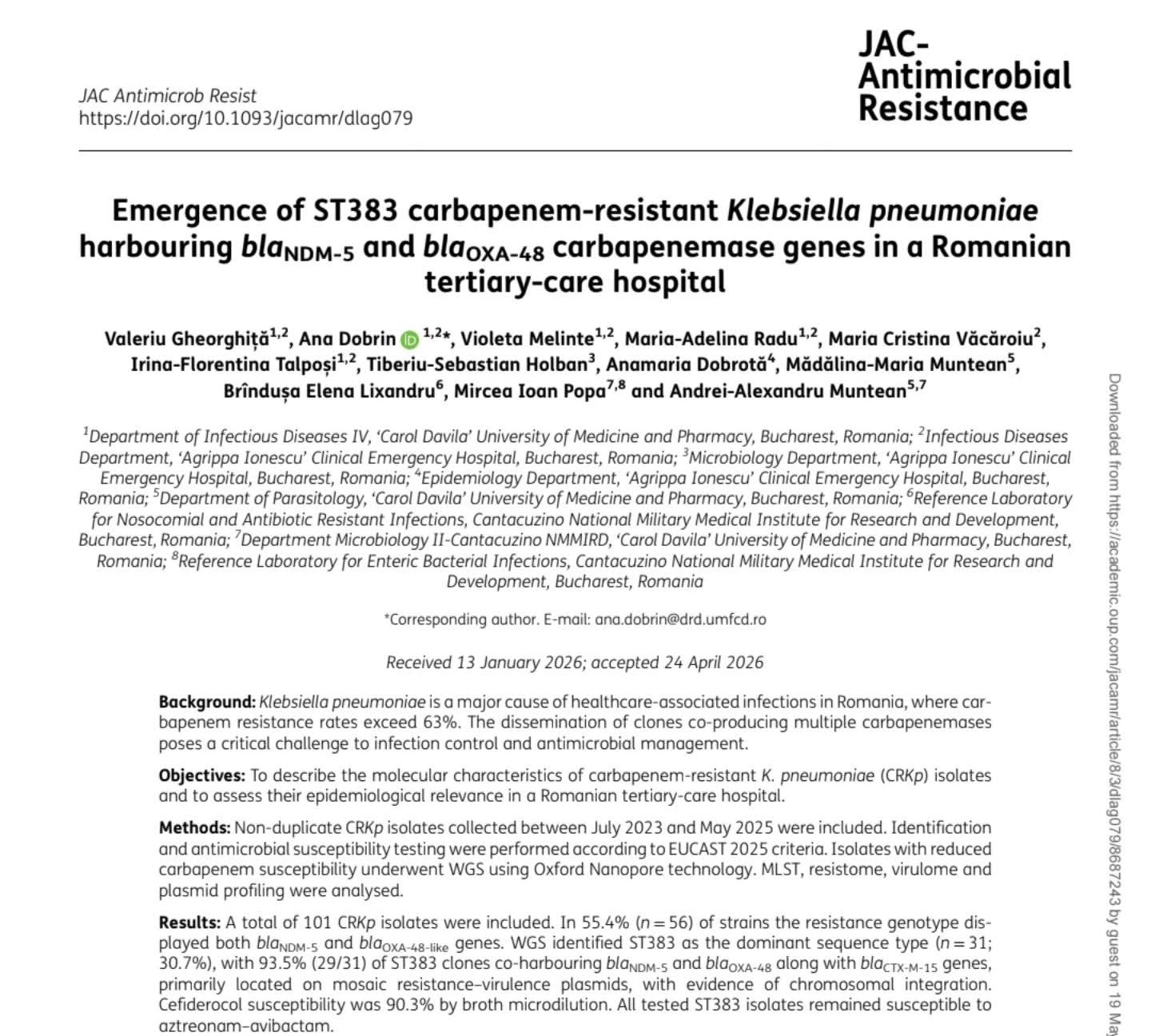 Articol al echipei Spitalului Clinic de Urgență „Prof. Dr. Agrippa Ionescu”, publicat în evista internațională JAC-Antimicrobial Resistance