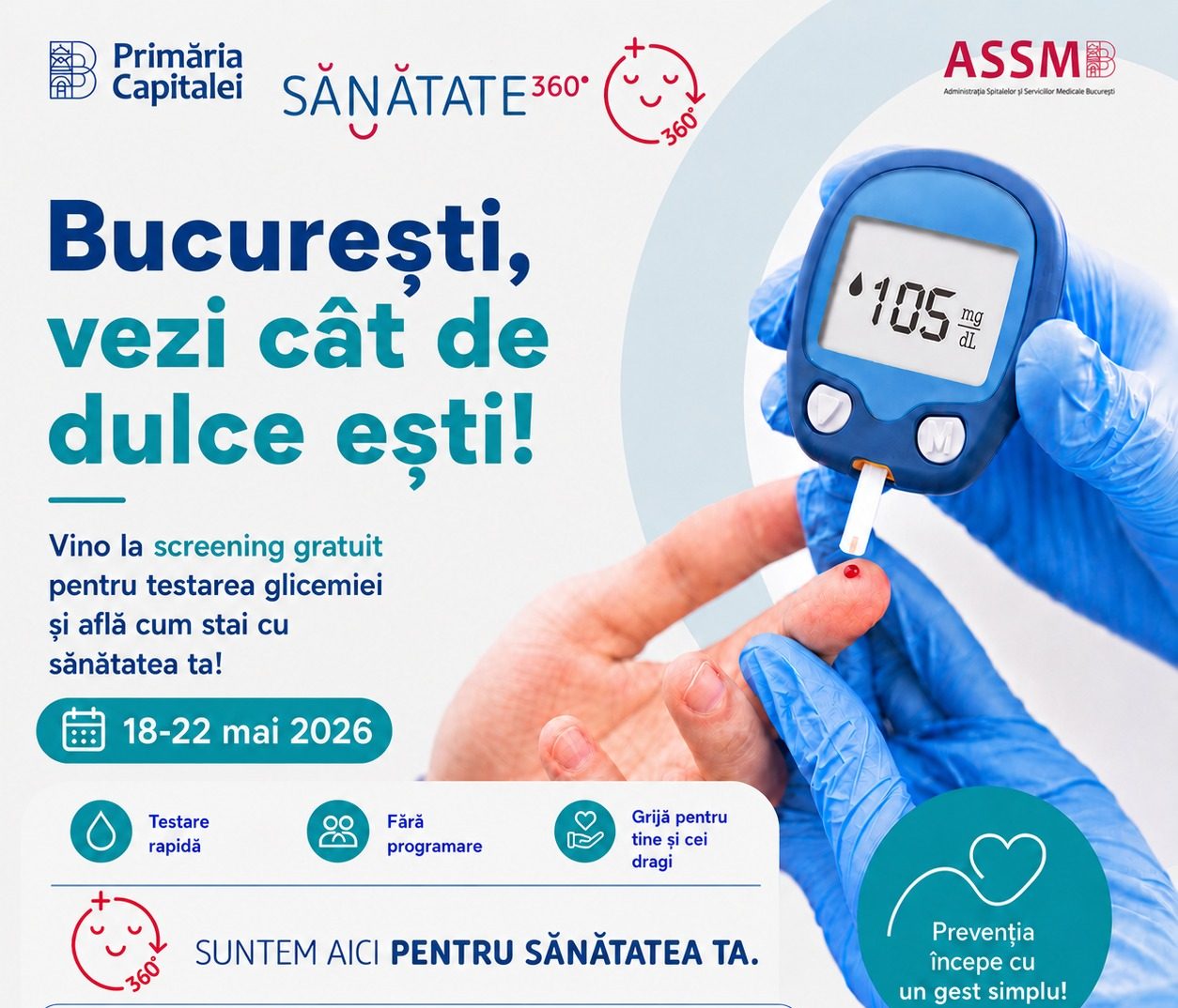 ASSMB: Campanie gratuită de testare a glicemiei în București pentru depistarea precoce a diabetului zaharat