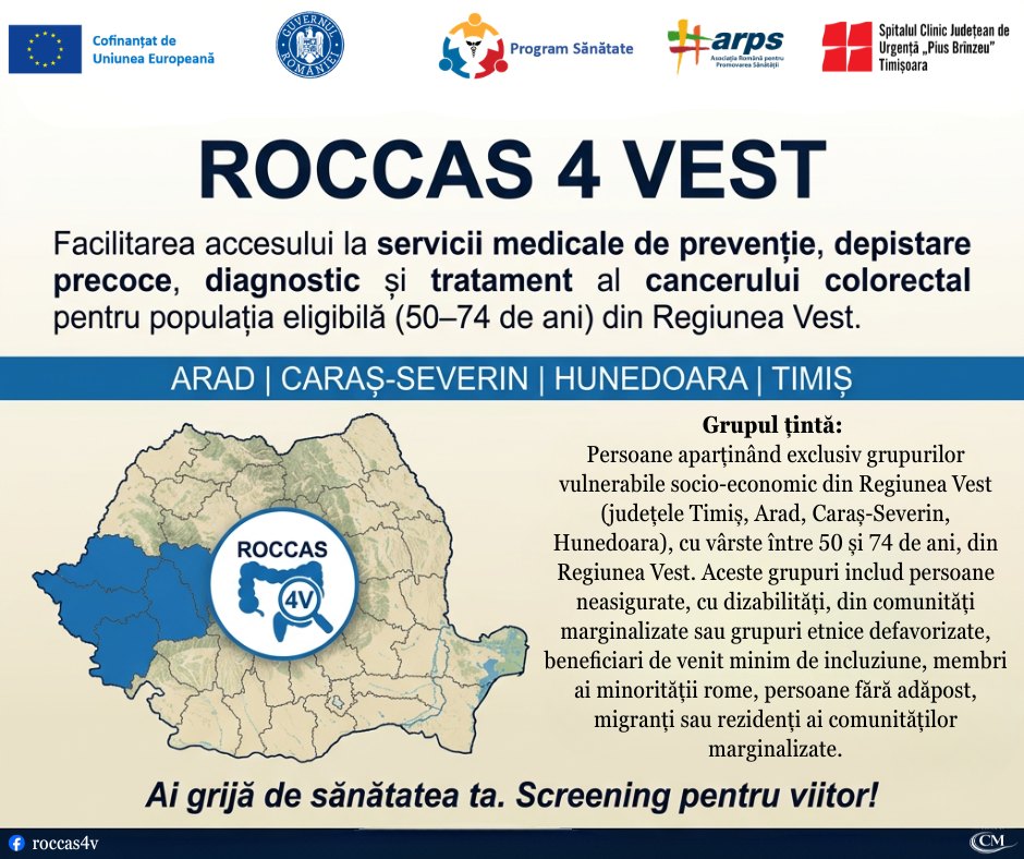 Programul ROCCAS 4 V pentru prevenția și depistarea precoce a cancerului colorectal, implementat în Regiunea Vest de SCJU Timișoara