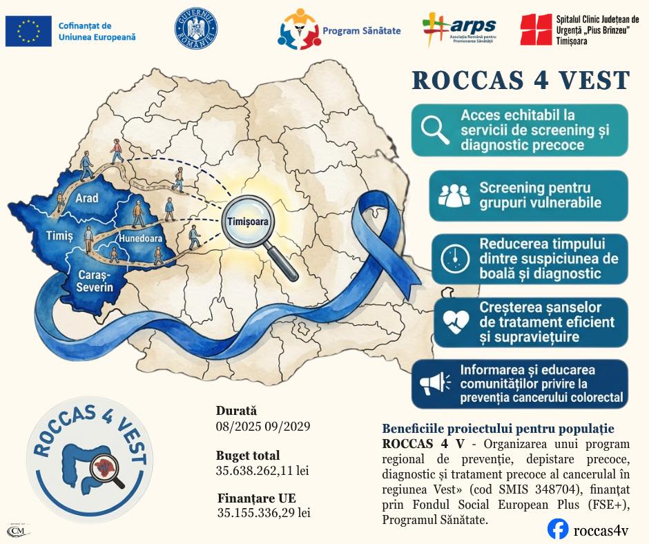 SCJU „Pius Brînzeu” Timișoara lansează proiectul ROCCAS 4 V pentru screeningul cancerului colorectal în Regiunea Vest, cu o investiție de peste 35,6 milioane lei