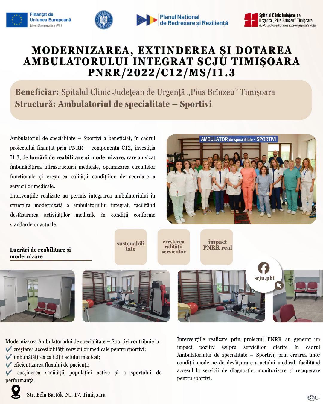 Ambulatoriul pentru sportivi al SCJU „Pius Brînzeu” Timișoara a fost modernizat printr-un proiect PNRR