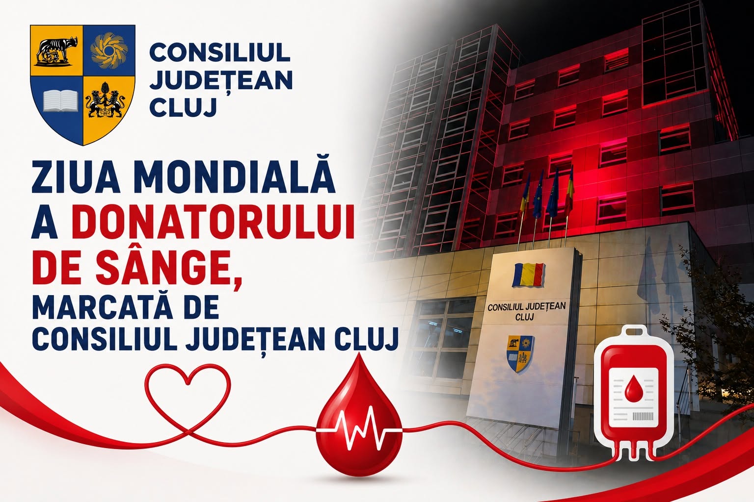 Consiliul Județean Cluj marchează Ziua Mondială a Donatorului de Sânge prin iluminarea în roșu a Cluj Arena și a sediului instituției