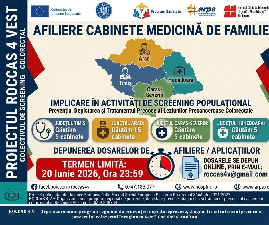 ROCCAS 4 V: Apel de afiliere pentru cabinete de medicină de familie din Vest în cadrul programului de screening pentru cancer colorectal