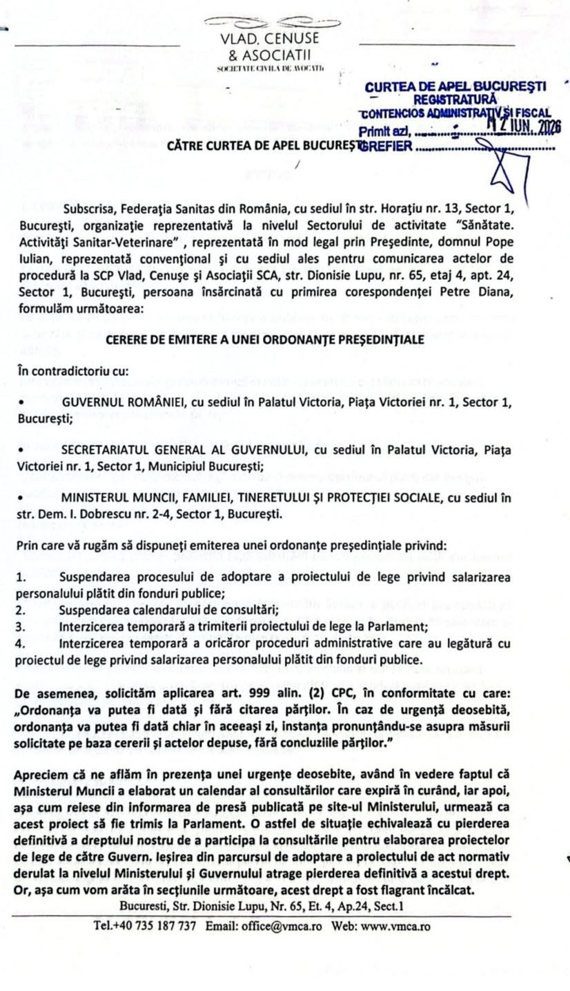 Sanitas anunță că instanța a cerut documente în dosarul privind legea salarizării; următorul termen este 23 iunie 2026
