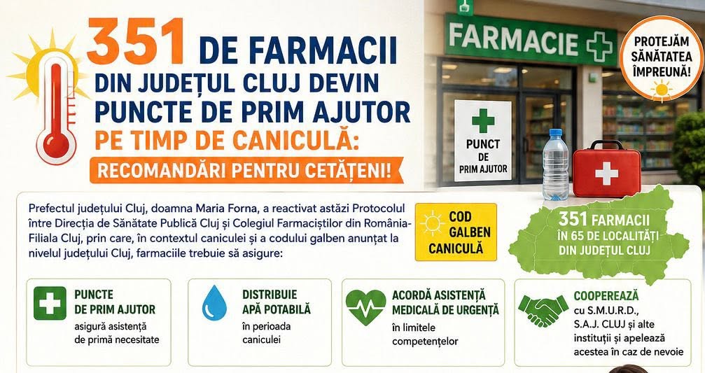 351 de farmacii din Cluj devin puncte de prim ajutor pe timp de caniculă