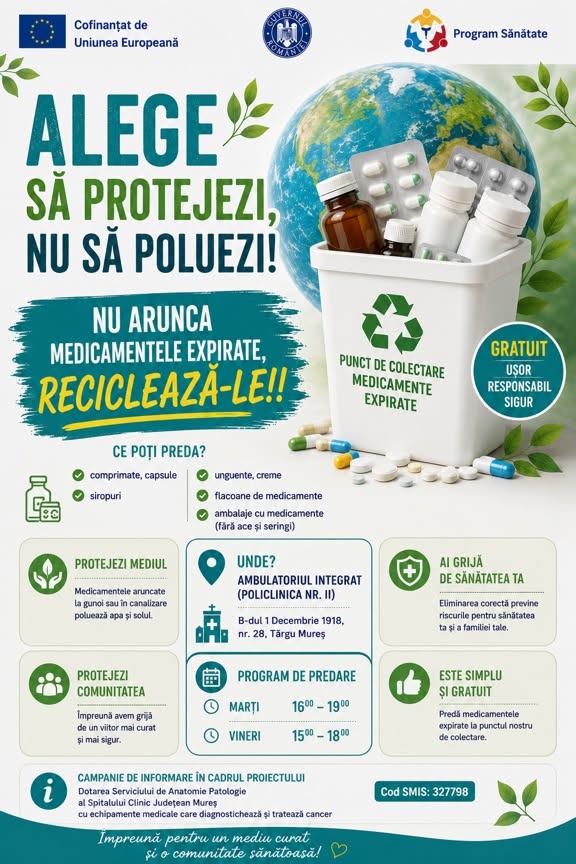 Spitalul Clinic Județean Mureș: Medicamentele expirate trebuie colectate corect pentru protejarea sănătății și mediului