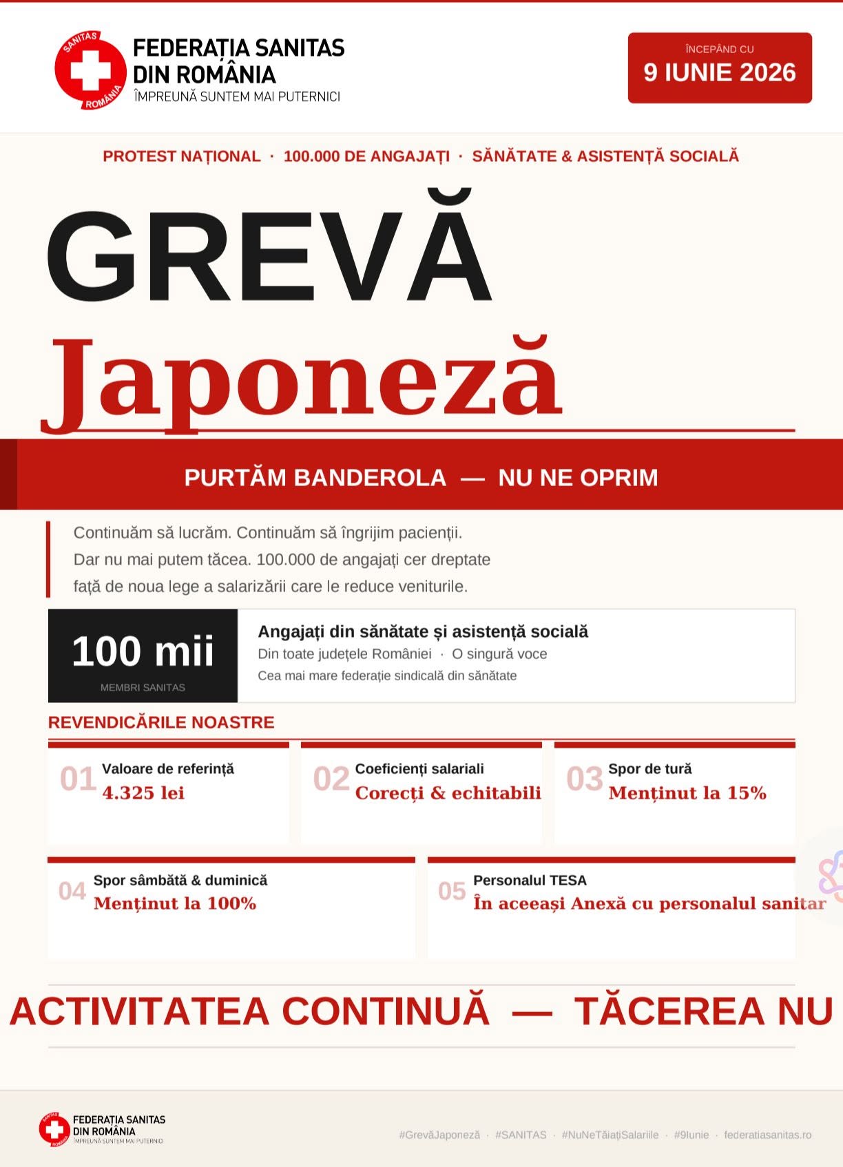 Sindicaliștii SANITAS au declanșat greva japoneză pentru a-și cere drepturile salariale