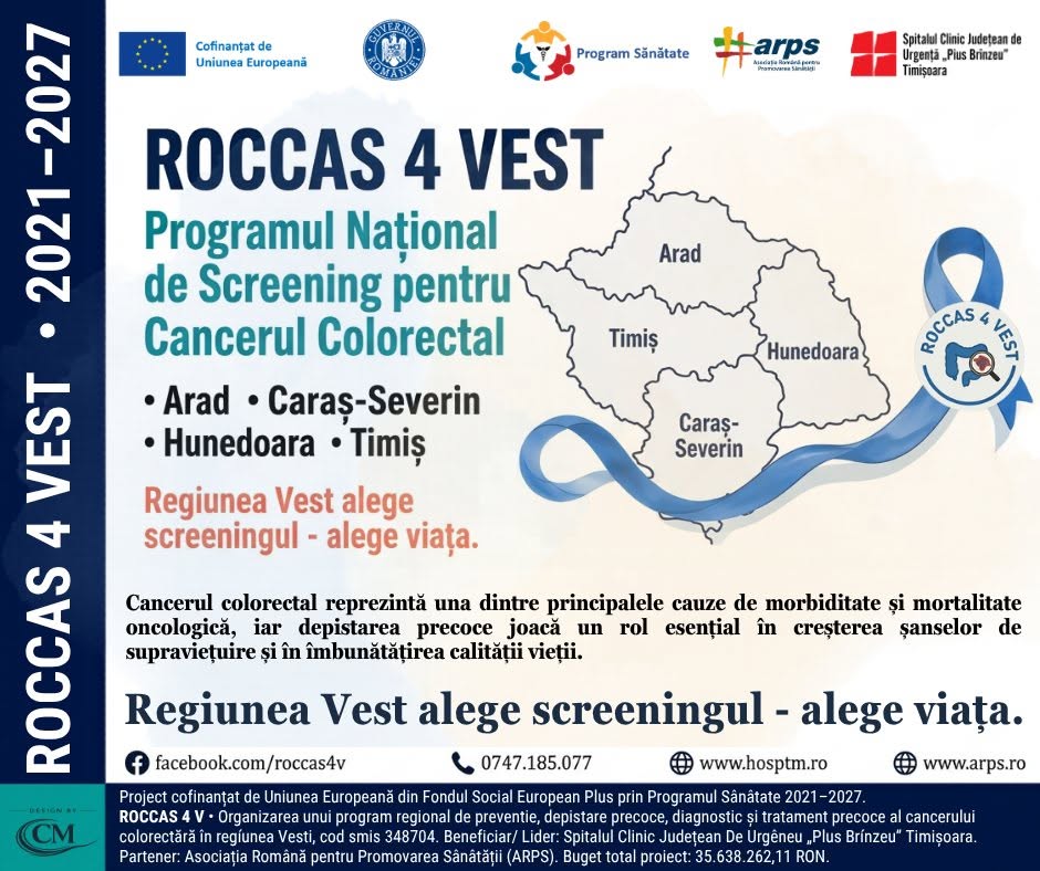 SCJU „Pius Brînzeu” Timișoara implementează programul ROCCAS 4 V pentru screening și depistarea precoce a cancerului colorectal în Regiunea Vest