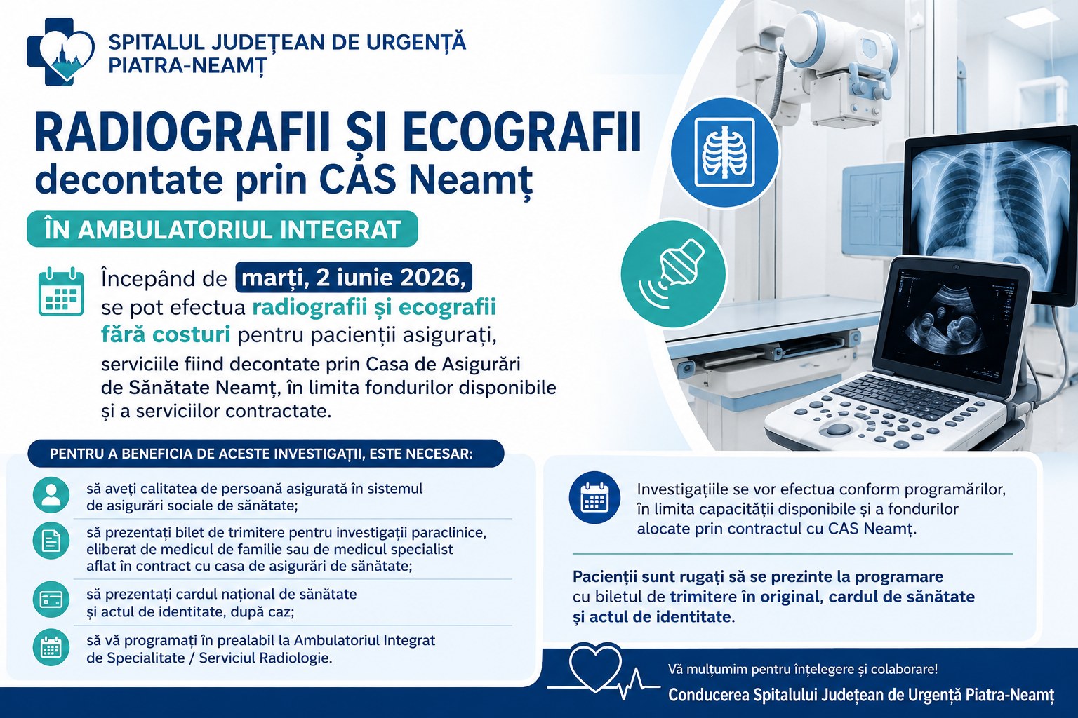 Piatra-Neamț: Radiografii și ecografii decontate prin CAS Neamț în Ambulatoriul Integrat al Spitalului Județean de Urgență
