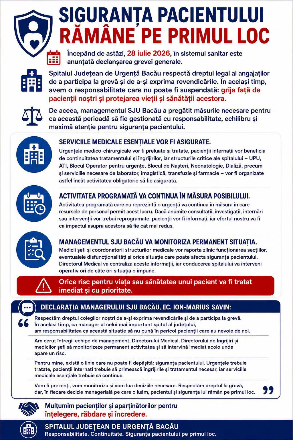 SJU Bacău: Activitatea medicală continuă pe durata grevei, iar siguranța pacienților rămâne prioritară
