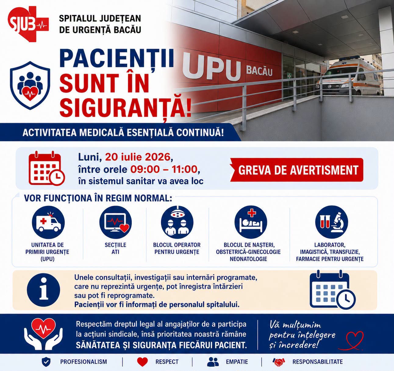 Bacău: Pacienții sunt în siguranță! Spitalul Județean de Urgență își continuă activitatea și pe durata grevei de avertisment
