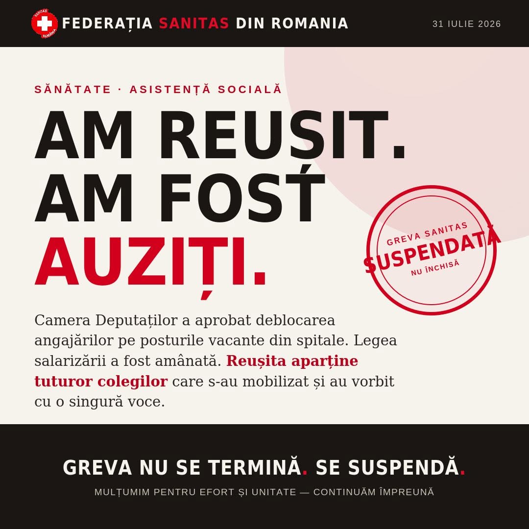 Sanitas suspendă greva generală, dar continuă demersurile pentru o lege a salarizării echitabilă