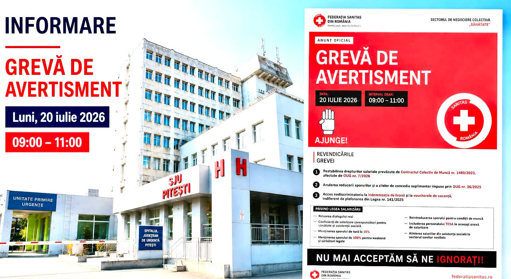 Spitalul Județean de Urgență Pitești anunță măsurile luate pentru asigurarea activității medicale în timpul grevei de avertisment SANITAS
