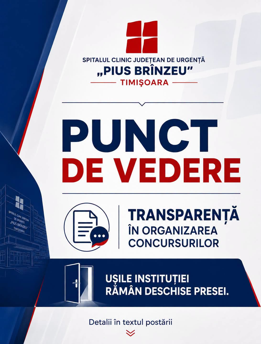 Spitalul Județean din Timișoara introduce măsuri de transparență la concursurile pentru posturile vacante