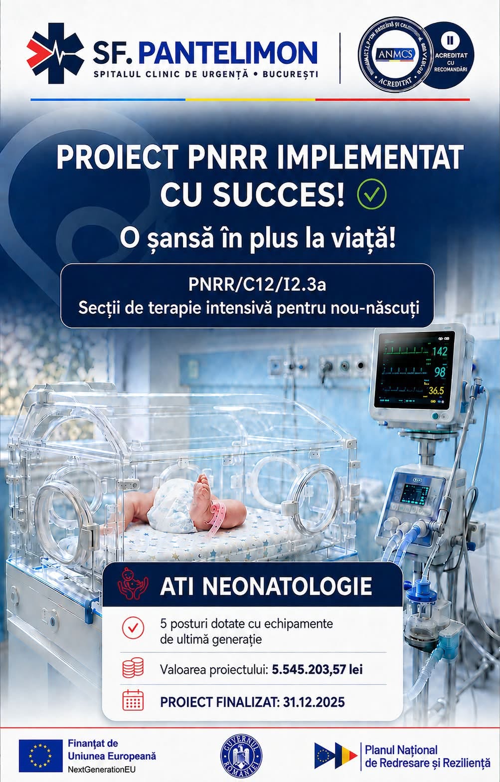 Spitalul Sf. Pantelimon beneficiază de echipamente noi pentru Terapia Intensivă Neonatală, prin PNRR