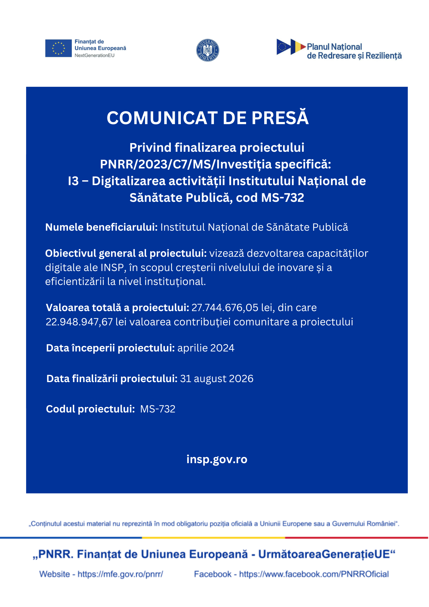 INSP finalizează proiectul de digitalizare a instituției, în valoare de 27,7 milioane de lei