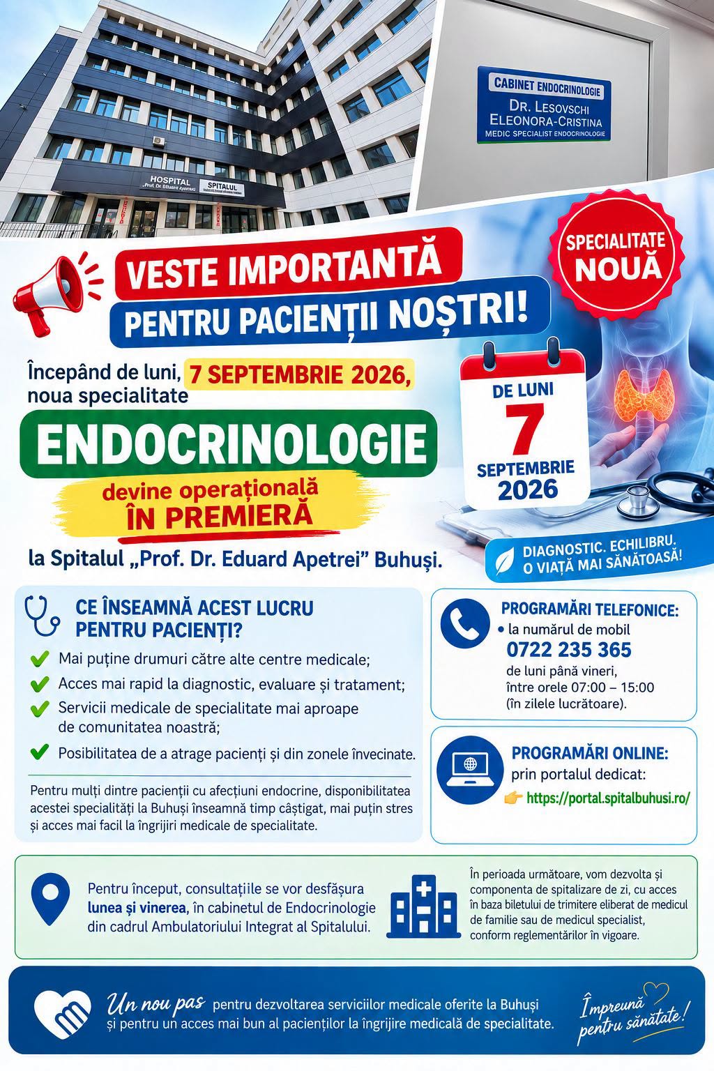 Specialitatea Endocrinologie devine disponibilă în premieră la Spitalul „Prof. Dr. Eduard Apetrei” Buhuși