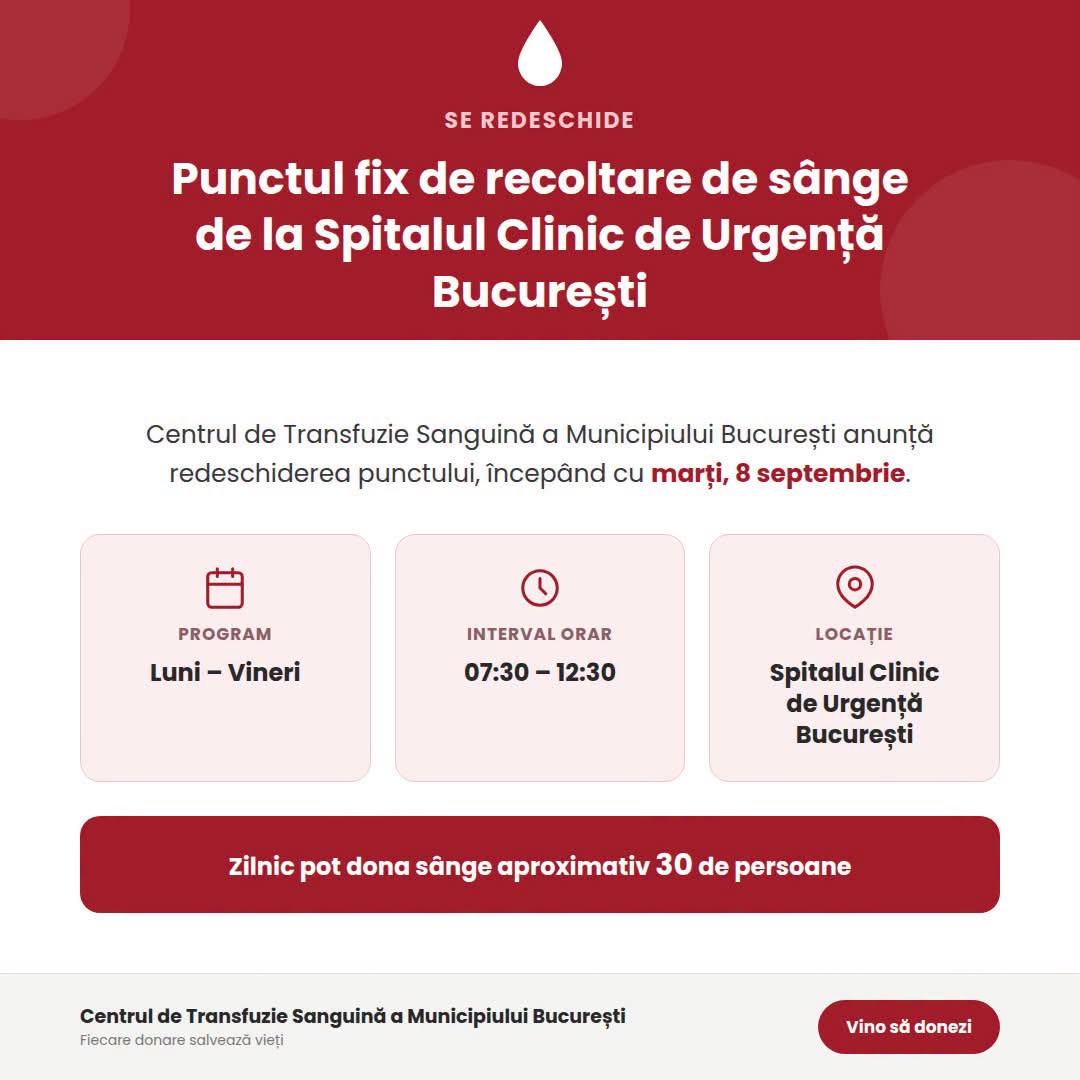 Punctul fix de recoltare a sângelui de la Spitalul Clinic de Urgență București se redeschide pe data de 8 septembrie