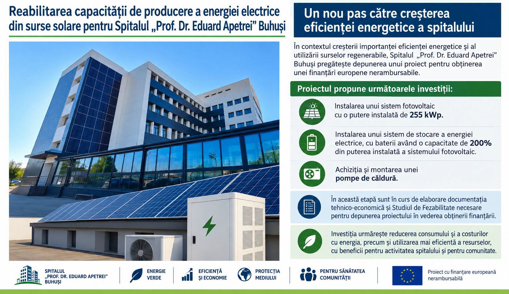 Spitalul din Buhuși va fi dotat cu un sistem de energie regenerabilă cu fonduri europene