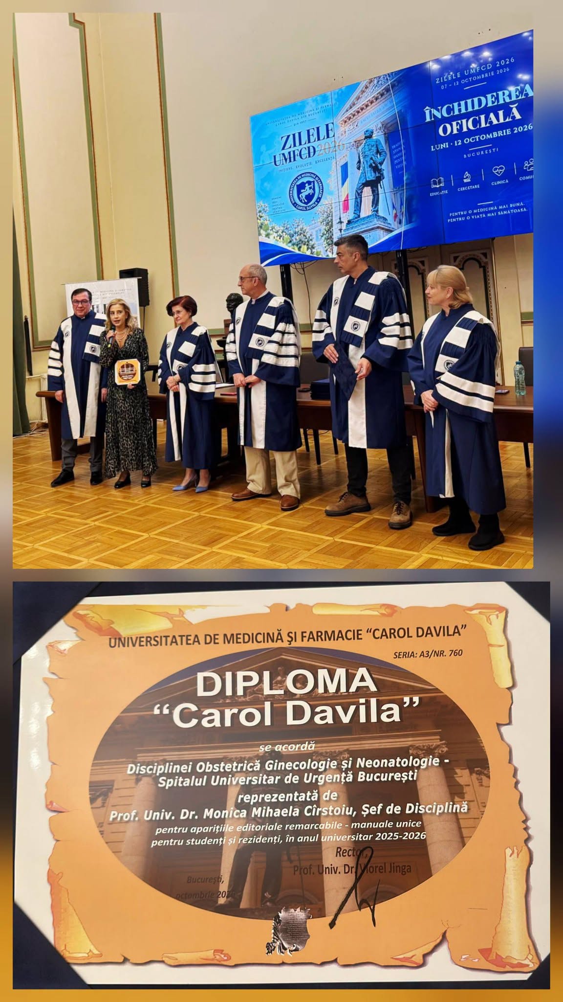 Prof. univ. dr. Monica Cîrstoiu, premiată la UMF „Carol Davila” pentru activitatea publicistică și educația medicală