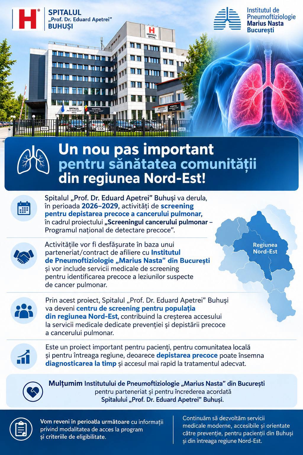 Spitalul “Prof. Dr. Eduard Apetrei” Buhuși va deveni centru de screening pentru cancerul pulmonar în regiunea Nord-Est